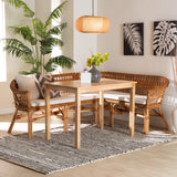 Baxton Studio Nella Modern Bohemian Natural Brown Finished Wood and Rattan 3-Piece Dining Nook Set