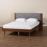 Baxton Studio Hemera Mid-Century Modern Grey Fabric and Walnut Brown Wood King Size Platform Bed With Floating Side Table