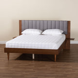 Baxton Studio Kalista Transitional Modern Grey Fabric and Walnut Brown Wood Queen Size Bed with Built-In Side Tables