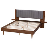 Baxton Studio Kalista Transitional Modern Grey Fabric and Walnut Brown Wood Queen Size Bed with Built-In Side Tables