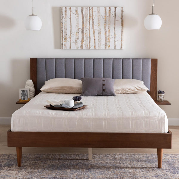 Baxton Studio Baxton Studio Kalista Queen Bed in Grey Fabric with Walnut Wood, Floating Tables & Modern Design MG-0222-1-Walnut/Dark Grey-Queen