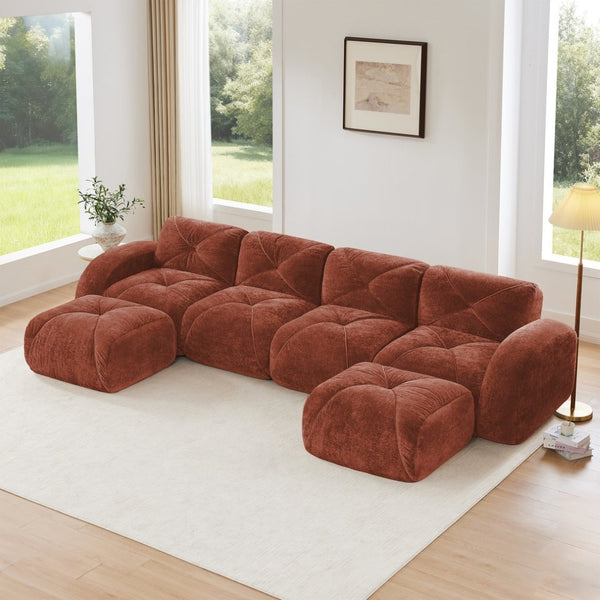 English Elm U-shaped Modular Velvet Sofa Tufted Cushions High Density Foam Living Room Sectional Red+Brown W714S01611