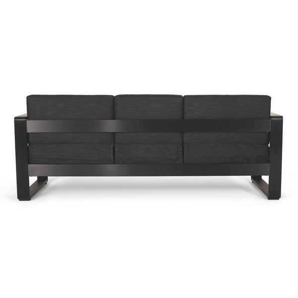 English Elm Christopher Knight Home® - GIOVANNA Aluminum 3-Seater Sofa in Black — Rust-Resistant Frame, Water-Resistant Cushions, Wood-Accent Slat Design 71820.00BLK