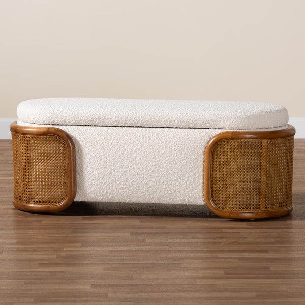 Baxton Studio Baxton Studio Japandi Cream Boucle Storage Bench with Lift-Top & Woven Rattan for Home Decor BBT5489-Maya Cream-Bench