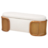 Basira Japandi Cream Boucle Fabric Storage Bench with Woven Rattan