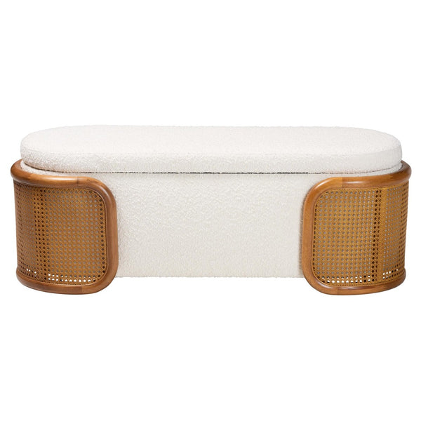 Baxton Studio Baxton Studio Japandi Cream Boucle Storage Bench with Lift-Top & Woven Rattan for Home Decor BBT5489-Maya Cream-Bench