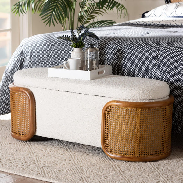 Baxton Studio Baxton Studio Japandi Cream Boucle Storage Bench with Lift-Top & Woven Rattan for Home Decor BBT5489-Maya Cream-Bench