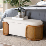 Baxton Studio Basira Japandi Cream Boucle Fabric Storage Bench with Woven Rattan