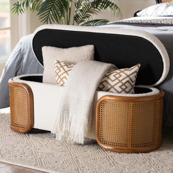 Baxton Studio Baxton Studio Japandi Cream Boucle Storage Bench with Lift-Top & Woven Rattan for Home Decor BBT5489-Maya Cream-Bench