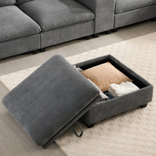 English Elm 139'' U-shaped Corduroy Sectional with Ottoman Console Usb Port and Cup Holders for Living Gray N723S1166E