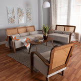 Baxton Studio Sage Modern Japandi Light Grey Fabric and Walnut Brown Finished Wood 3-Piece Living Room Set with Woven Rattan
