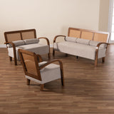 Baxton Studio Sage Modern Japandi Light Grey Fabric and Walnut Brown Finished Wood 3-Piece Living Room Set with Woven Rattan