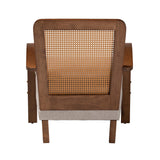 Baxton Studio Sage Modern Japandi Light Grey Fabric and Walnut Brown Finished Wood Arm Chair with Woven Rattan