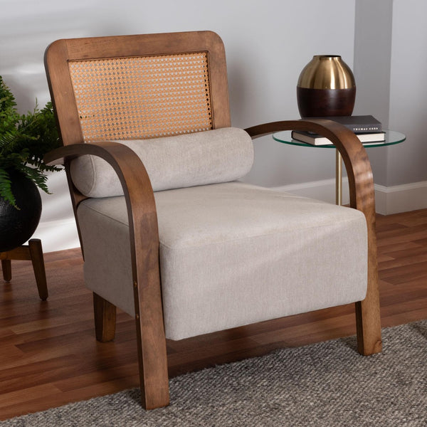 Baxton Studio Baxton Studio Sage Modern Japandi Arm Chair - Light Grey Upholstery with Walnut & Rattan Accents RDS-S990-1S-Grey/Walnut PE Rattan-Chair