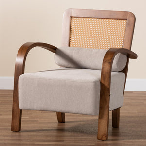 Baxton Studio Baxton Studio Sage Modern Japandi Arm Chair - Light Grey Upholstery with Walnut & Rattan Accents RDS-S990-1S-Grey/Walnut PE Rattan-Chair
