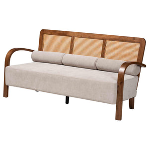 Baxton Studio Sage Modern Japandi Light Grey Fabric and Walnut Brown Finished Wood Sofa with Woven Rattan