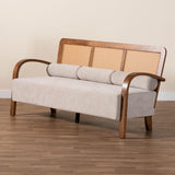 Baxton Studio Sage Modern Japandi Light Grey Fabric and Walnut Brown Finished Wood Sofa with Woven Rattan