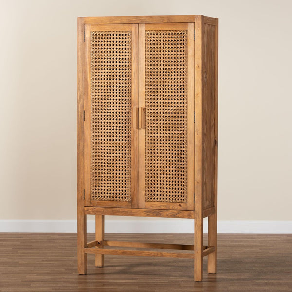 Baxton Studio bali Sibu Bohemian Tall Cabinet – Handcrafted Rattan & Teak Wood Storage for Stylish Home Organization SIBU-Rattan Tall-Cabinet