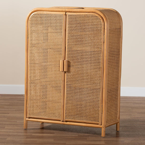Baxton Studio bali Modern Bohemian Handcrafted Rattan 2-Door Storage Cabinet - Chic Organization & Style! Curacao-Light Honey Rattan-Medium-Cabinet