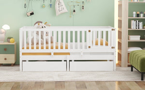 English Elm Twin Pinewood Daybed with Fence Guardrails Splits Into Two Floor Beds Storage White LP100881AAK