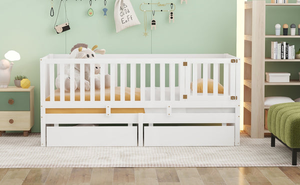 English Elm Twin Pinewood Daybed with Fence Guardrails Splits Into Two Floor Beds Storage White LP100881AAK