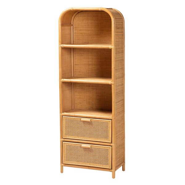 Baxton Studio bali Curacao Modern Bohemian Rattan Bookcase - Handcrafted 2-Drawer Storage with Open Shelves Curacao-Light Honey Rattan-Bookcase