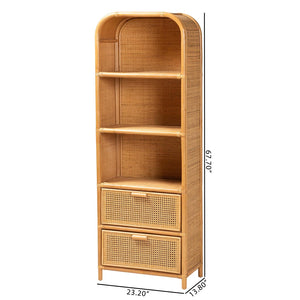 Baxton Studio bali Curacao Modern Bohemian Rattan Bookcase - Handcrafted 2-Drawer Storage with Open Shelves Curacao-Light Honey Rattan-Bookcase