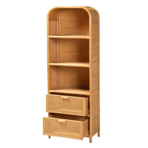 Baxton Studio bali Curacao Modern Bohemian Rattan Bookcase - Handcrafted 2-Drawer Storage with Open Shelves Curacao-Light Honey Rattan-Bookcase