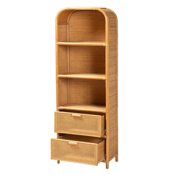 Baxton Studio bali Curacao Modern Bohemian Rattan Bookcase - Handcrafted 2-Drawer Storage with Open Shelves Curacao-Light Honey Rattan-Bookcase