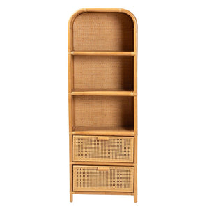 Baxton Studio bali Curacao Modern Bohemian Rattan Bookcase - Handcrafted 2-Drawer Storage with Open Shelves Curacao-Light Honey Rattan-Bookcase