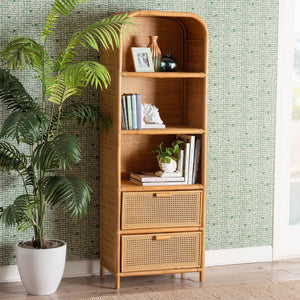 Baxton Studio bali Curacao Modern Bohemian Rattan Bookcase - Handcrafted 2-Drawer Storage with Open Shelves Curacao-Light Honey Rattan-Bookcase
