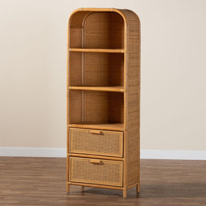 Baxton Studio bali Curacao Modern Bohemian Rattan Bookcase - Handcrafted 2-Drawer Storage with Open Shelves Curacao-Light Honey Rattan-Bookcase