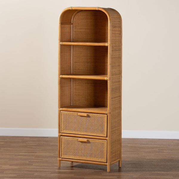 Baxton Studio bali Curacao Modern Bohemian Rattan Bookcase - Handcrafted 2-Drawer Storage with Open Shelves Curacao-Light Honey Rattan-Bookcase