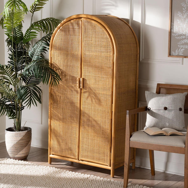 Baxton Studio bali Paloma Large Rattan Storage Cabinet – Modern Bohemian Design with 4 Shelves for Stylish Organization Puerterico-Light Honey Rattan-Large-Cabinet