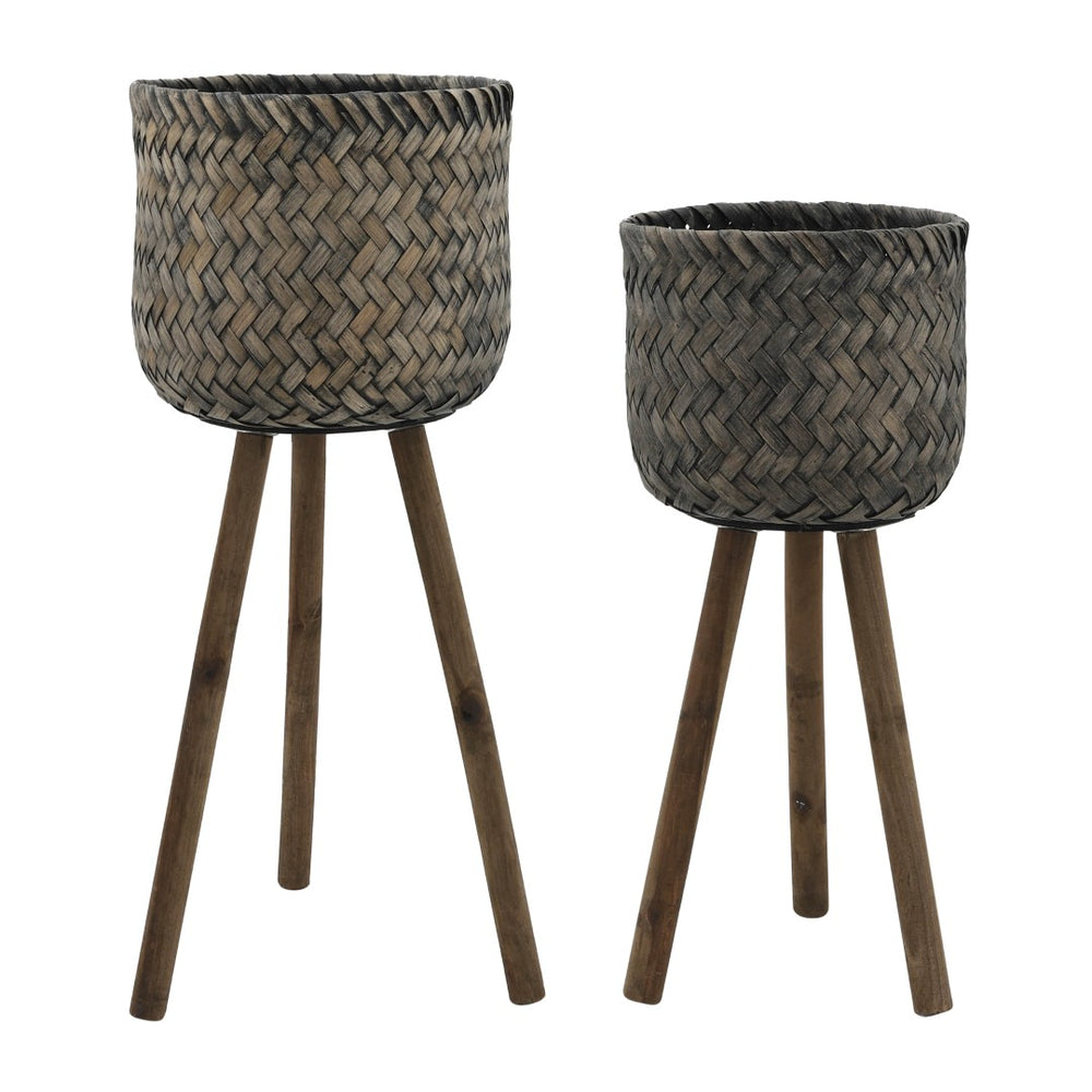 English Elm S/2 Bamboo Wood Planters with Stands Sustainable Indoor Outdoor Natural Grain Decor B079106794