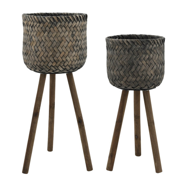 English Elm S/2 Bamboo Wood Planters with Stands Sustainable Indoor Outdoor Natural Grain Decor B079106794