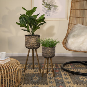 English Elm S/2 Bamboo Wood Planters with Stands Sustainable Indoor Outdoor Natural Grain Decor B079106794