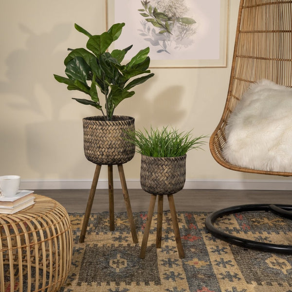 English Elm S/2 Bamboo Wood Planters with Stands Sustainable Indoor Outdoor Natural Grain Decor B079106794