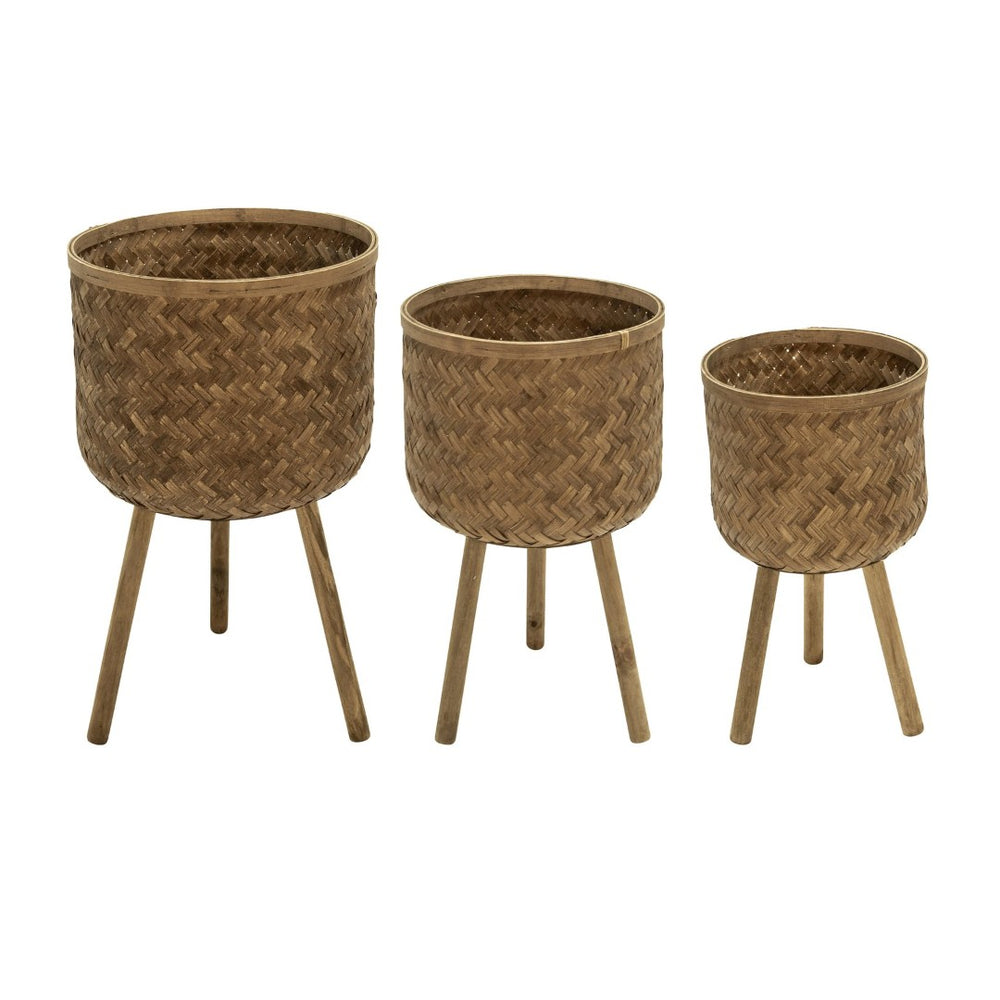 English Elm S/3 Bamboo Wood Tiered Planters with Stands for Indoor Outdoor Organic Decor B079106795