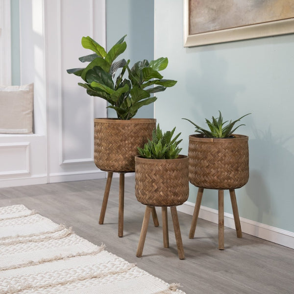 English Elm S/3 Bamboo Wood Tiered Planters with Stands for Indoor Outdoor Organic Decor B079106795