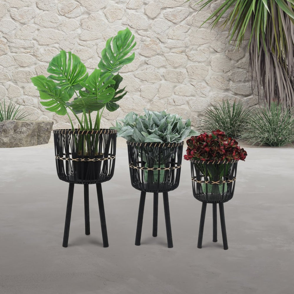 English Elm S/3 Bamboo Tiered Planters with Stands Matte Black Sustainable Indoor Outdoor Set B079106796