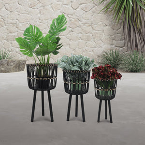 English Elm S/3 Bamboo Tiered Planters with Stands Matte Black Sustainable Indoor Outdoor Set B079106796