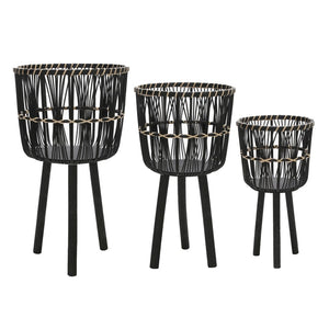 English Elm S/3 Bamboo Tiered Planters with Stands Matte Black Sustainable Indoor Outdoor Set B079106796
