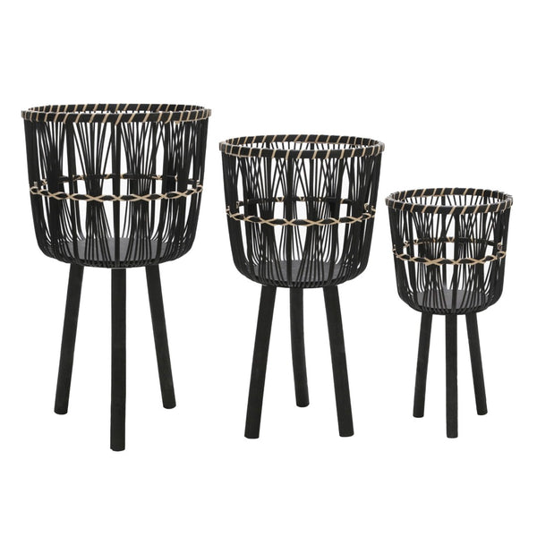 English Elm S/3 Bamboo Tiered Planters with Stands Matte Black Sustainable Indoor Outdoor Set B079106796