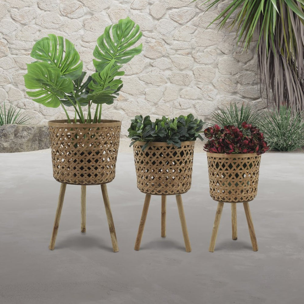 English Elm S/3 Bamboo Wood Graduated Planters with Stands for Indoor Outdoor Living Spaces B079106798