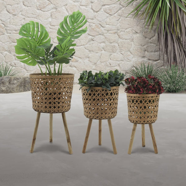 English Elm S/3 Bamboo Wood Graduated Planters with Stands for Indoor Outdoor Living Spaces B079106798