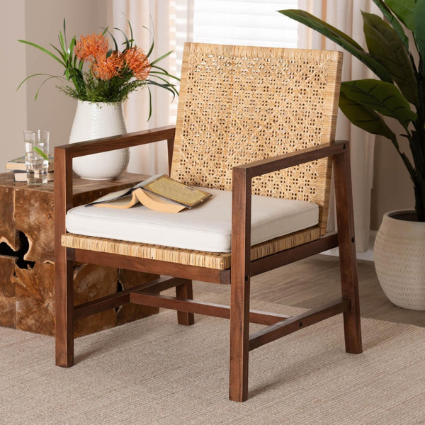 Baxton Studio bali Lovina Bohemian Rattan & Acacia Wood Arm Chair - Handcrafted Comfort for Your Stylish Home Lovina-Light Honey Rattan/Light Brown Rattan-CC