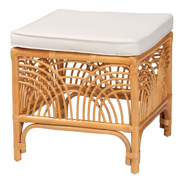 Baxton Studio bali Materra Handcrafted Rattan Footstool with Plush Cushion – Bohemian Style for Versatile Spaces Materra-Light Honey Ratttan-Stool