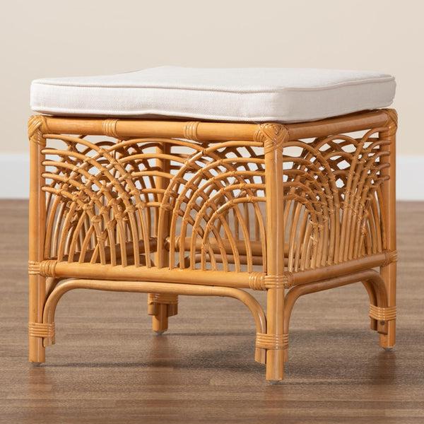 Baxton Studio bali Materra Handcrafted Rattan Footstool with Plush Cushion – Bohemian Style for Versatile Spaces Materra-Light Honey Ratttan-Stool