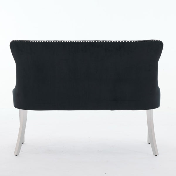 English Elm Velvet Double Dining Loveseat Bench - Chic Mid-Century Modern Velvet Seating For Two, Black W1143P362521-GIGA